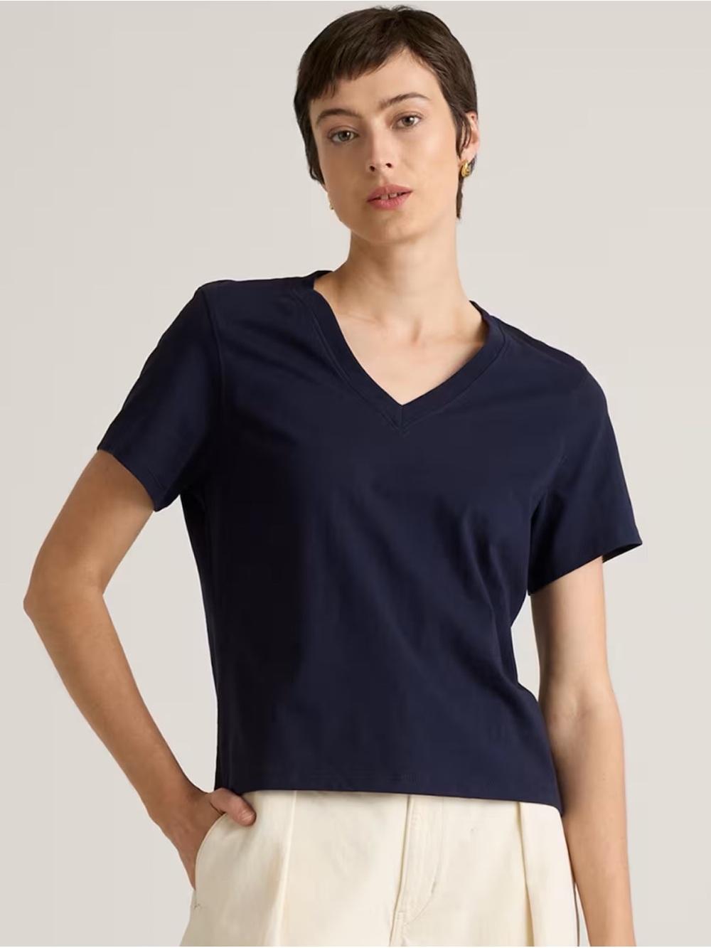 Quince Women’s 100% Organic Cotton Boxy V-Neck Tee L NWT Deep Navy Blue Capsule